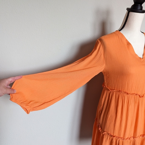 Orange long lantern sleeve ruffle hem frilled dress size M - Picture 4 of 8